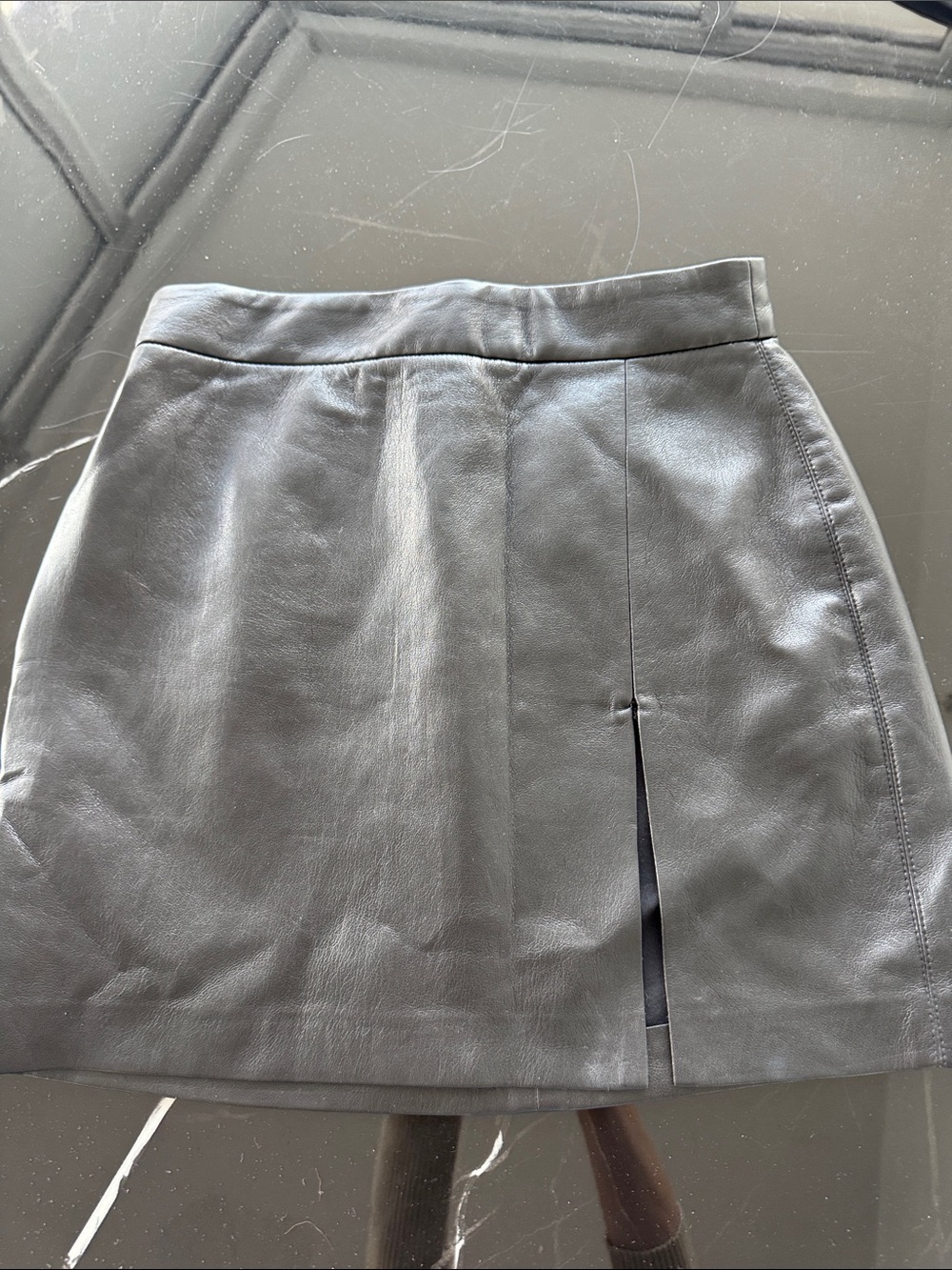 Wilfred Black Leather Mini Skirt with Front Vent
